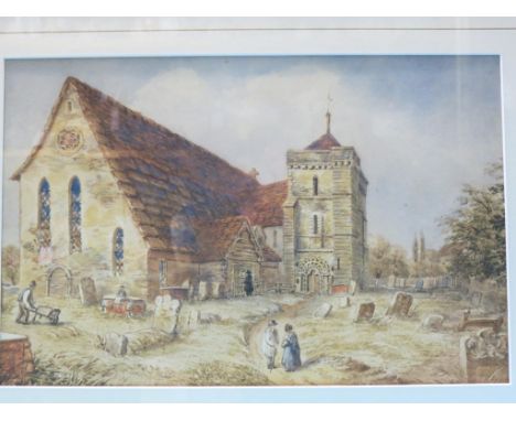 Attributed to Edward K White - watercolour, Climping Church near Littlehampton, Sussex, unsigned, circa 1850, 10 x 16in. 
