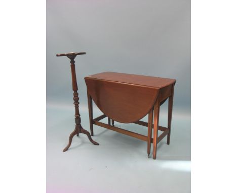 An inlaid mahogany drop-leaf table, on square tapering legs, 3ft. - clean, together with an inlaid mahogany plant table, on t