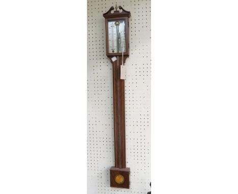 A Georgian-style inlaid mahogany stick barometer, with silvered register plate, 38in.