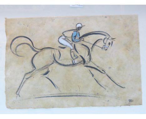 Style of John Skeaping - watercolour sketch of a racehorse and jockey, indistinctly initialled T. K., 10 x 15in.