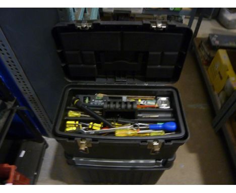 Stanley rolling toolbox with compartmental organising trays with tool contents. Not available for in-house P&amp;P 