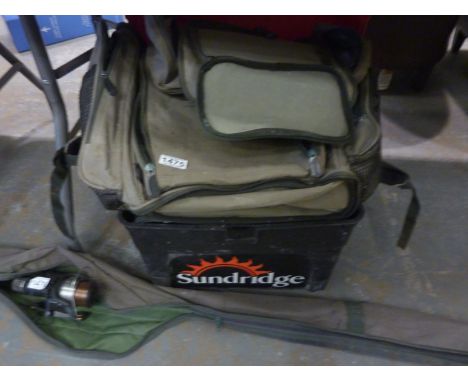 Fishing box with tack and a rucksack. Not available for in-house P&amp;P 