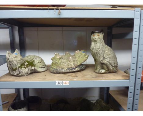 Three reconstituted stone garden ornaments, two cats and a pig. Not available for in-house P&amp;P