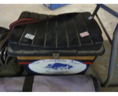 Fishing box containing two fixed spool reels and a bag with mixed tackle. Not available for in-house P&amp;P 