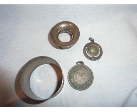 Fob, life saving medal napkin ring, and a hallmarked silver bottle cover. UK P&amp;P Group 1 (£16+VAT for the first lot and £