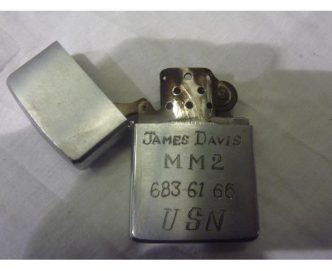 Korean War period brushed steel Zippo lighter, engraved to James Davis MM2 683-61-66 US Navy, date code to base for 1950-57. 