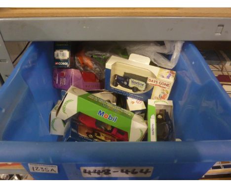 Box of boxed mixed die cast cars to include Corgi, Days Gone, Mobil and a bag of loose cars. Not available for in-house P&amp