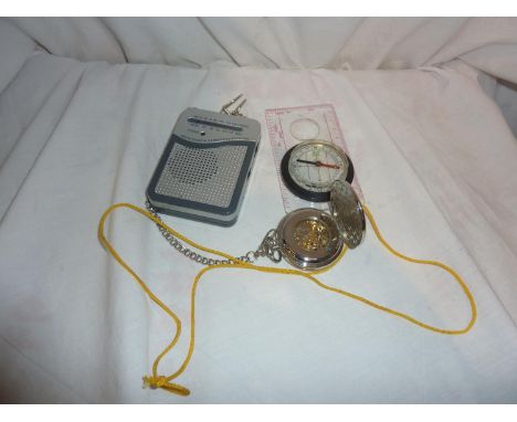 Full hunter chrome skeleton pocket watch with chain, working at lotting, a compass and radio. UK P&amp;P Group 1 (£16+VAT for