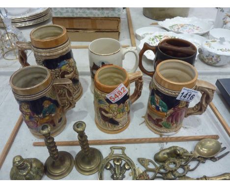 Six mixed tankards to include moustache mug. Not available for in-house P&amp;P 