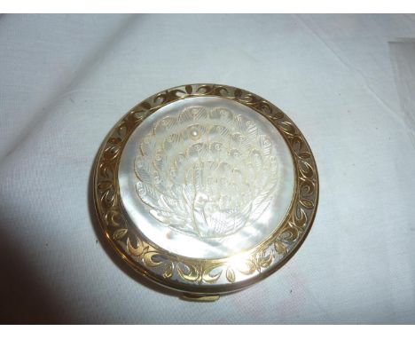 Retro vintage powder compact with carved mother of pearl peacock lid by New Light. UK P&amp;P Group 1 (£16+VAT for the first 