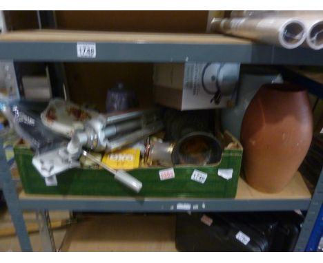 Shelf of mixed items to include tripod and weather station. Not available for in-house P&amp;P 
