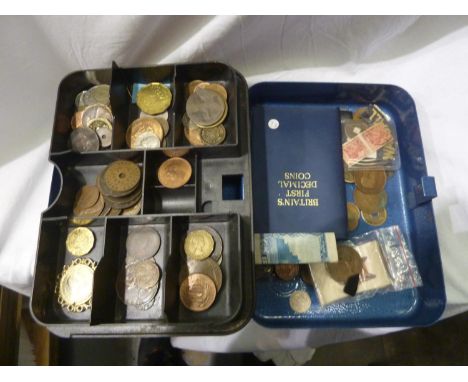 Cash tin with old world coins, notes and stamps. UK P&amp;P Group 1 (£16+VAT for the first lot and £2+VAT for subsequent lots