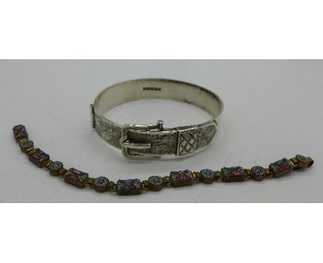 A silver buckle bangle, 35g, and a micro-mosaic bracelet marked made in Italy