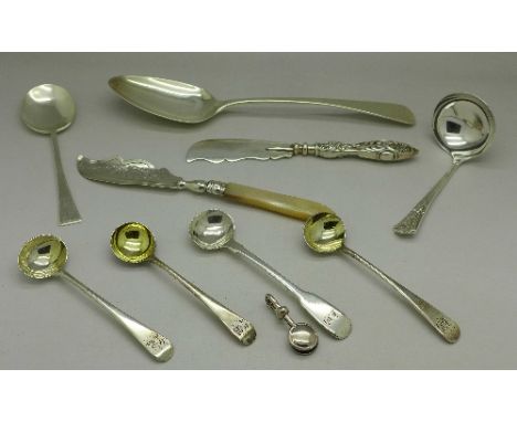Two Victorian silver butter knives, a pair of Georgian silver mustard spoons, two other silver mustard spoons, a George III s