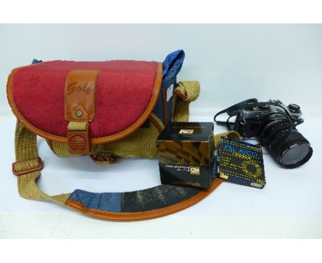 An Olympus OM10 camera with lens and a case