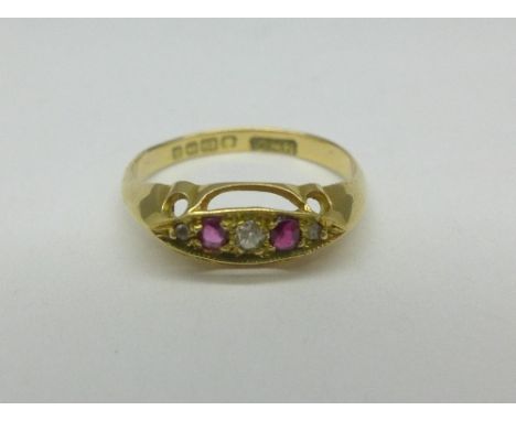 An 18ct gold, ruby and diamond ring, Birmingham 1919, 2.4g, N