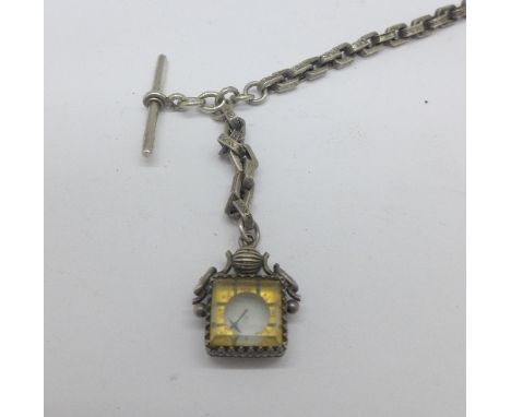A silver fancy link watch chain with compass, compass a/f
