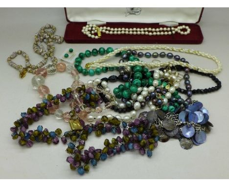 Vintage necklaces including pearl, malachite and glass bead