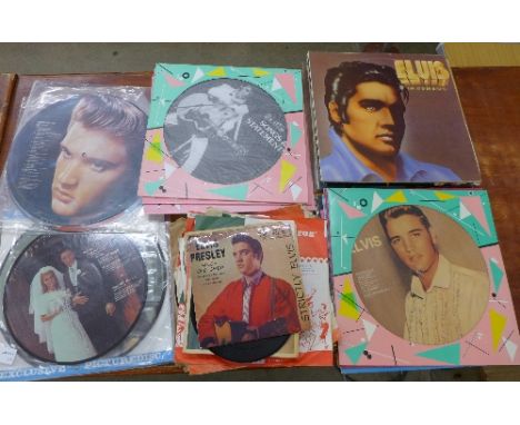 Nine Elvis Presley 78rpm records, twelve 45rpm and twenty-nine albums including picture discs