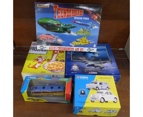 Five model vehicles including Matchbox Thunderbirds set, Lledo Frosties, Corgi Magical Mystery Tour, etc.