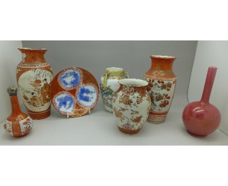 Four vases including a Noritake posy vase, saucer and perfume bottle with silver top, hallmarked Birmingham 1887