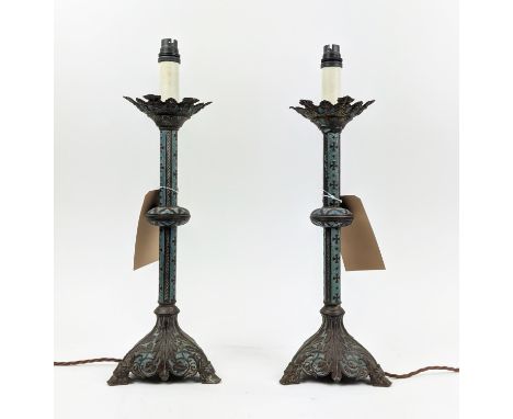 ALTAR CANDLESTICK LAMPS, a pair, with light blue highlights, 50cm H. (2) 