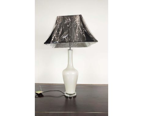 TABLE LAMP, white glass base, with black shade, 89cm H approx. 