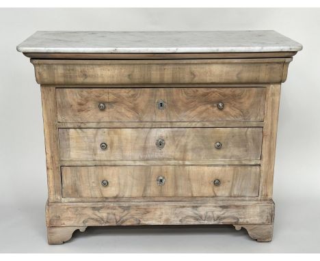 COMMODE, 19th century French Louis Philippe figured walnut with four long drawers silvered metal mounted with shaped supports