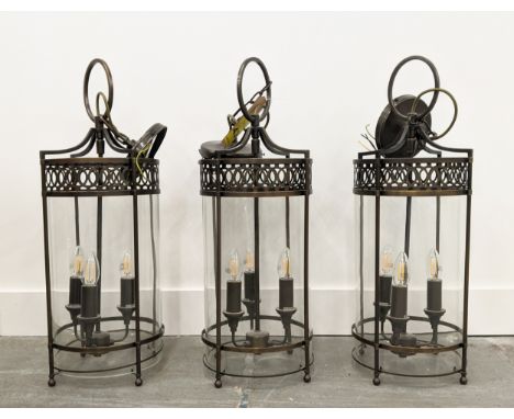 ELSTEAD LIGHTING GUILDHALL LANTERNS, a set of three, each three branch, 85cm drop. (3) 