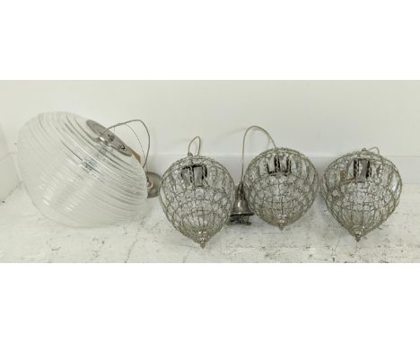 GLASS PENDANT LIGHTS, a set of three, 35cm H, and another larger ribbed glass pendant light, 35cm H x 40cm W. 