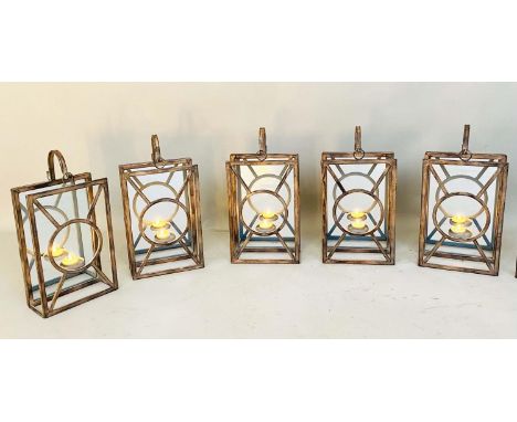 WALL LANTERNS, a set of five, Art Deco style metal with mirrored backs, 42cm H x 22cm x 11cm. (5) 