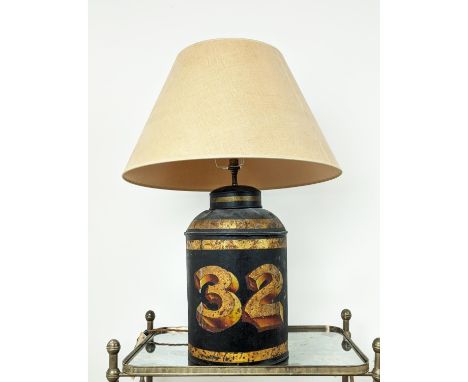 TEA CANNISTER LAMP, metal with a line style shade, 80cm H, including shade. 
