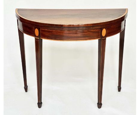 CARD TABLE, George III flame mahogany and satinwood crossbanded, demilune foldover baise lined, 90cm x 40cm x 72cm. 