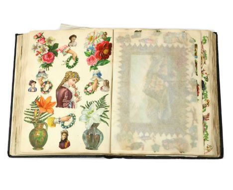 SCRAP ALBUMS: Victorian & Edwardian folio album C90pp of colour lithograph stickers pasted-in. Full leather; Plus- Wisbech Wo