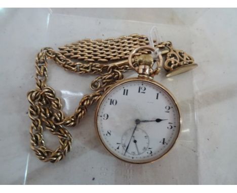 A 9ct pocket watch with gold-plated Albert chain & fob