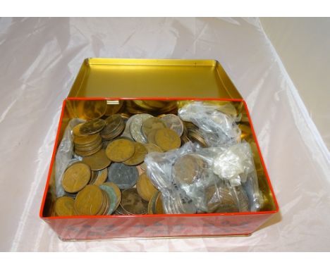 A box of coins to inc pre-47 silver examples,GB and World and silver chain and pendant suspended Churchill crown