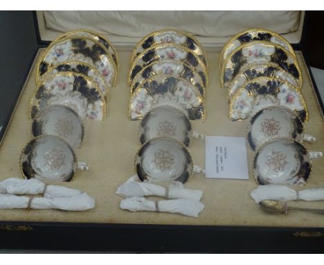 A Coalport 'Bat' pattern cased tea service with silver spoons
