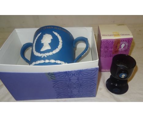 A Wedgwood jasperware commemorative loving cup for the Silver Jubilee; together with a Wedgwood cameo glass candlestick