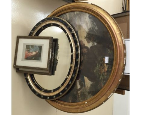 Three coloured prints depicting portrait & classical scenes after Romney etc; together with an ebonised & gilt oval mirror
