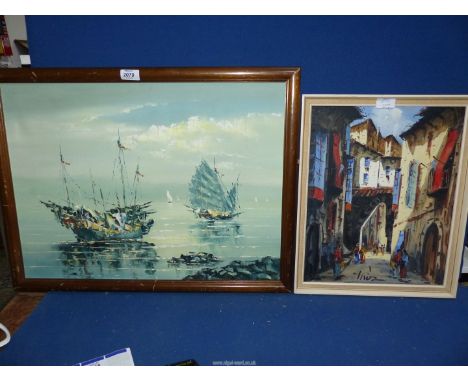 A 20th c Oil on canvas of colourful Mediterranean scene with figures in the foreground, signed front centre, 13'' x 16'' and 