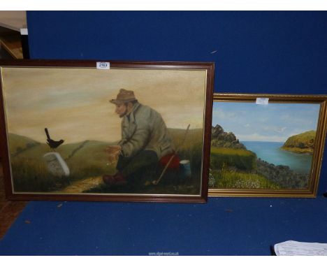 A framed Oil on board depicting a Vagabond sat by an old stone mile marker "Bromyard 2 miles" feeding a blackbird with breadc
