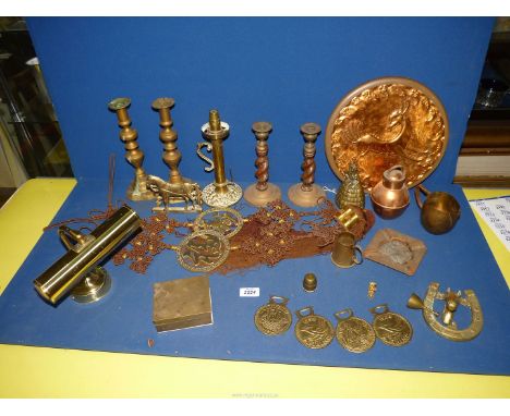 A quantity of brass including picture lamp, candlesticks, letter holder, door knocker in the form of a horses head, copper pl