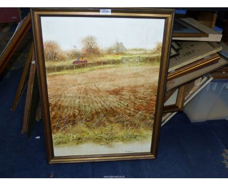 A large Oil on board of a homestead by a ploughed field and a farmer on his tractor, signed lower right Mike Knight, 20 1/4''