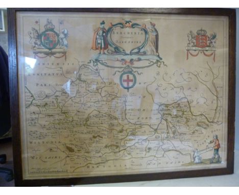 A mid 17thC coloured county map 'Bercheria vernacule Barkshire' incorporating a figural cartouche, various arms and a scale  