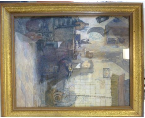 W Rainey - a Dutch interior scene, a seated man, reading by the light of an oil lamp  watercolour  bears a signature, dated '