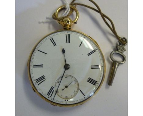 An 18ct gold cased pocket watch, having engine turned decoration, faced by a white enamel Roman dial with subsidiary seconds