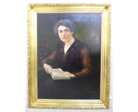 Thorma - a half length portrait, a seated woman, wearing a brown dress and holding a book  oil on canvas  bears a signature  