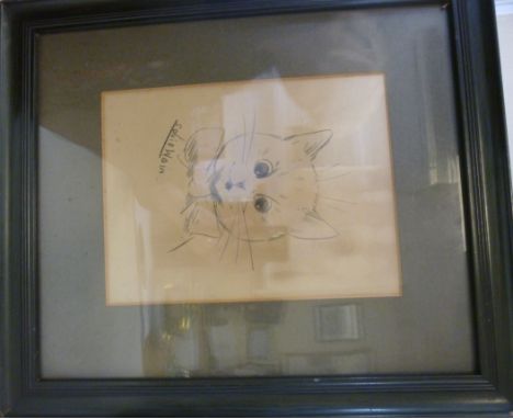 Louis Wain - a portrait study, a startled cat, wearing a bow tie  pencil sketch  bears a signature  9'' x 6.5'' in a glazed, 