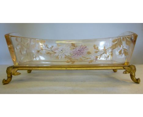 An early 20thC Continental, chamfered glass planter, overpainted in colours and gilding with floral designs, set on a cast gi