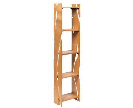 Peter Johnson a sycamore and walnut open display shelf: of five tiers supported by plank ends with pierced wrythen decoration